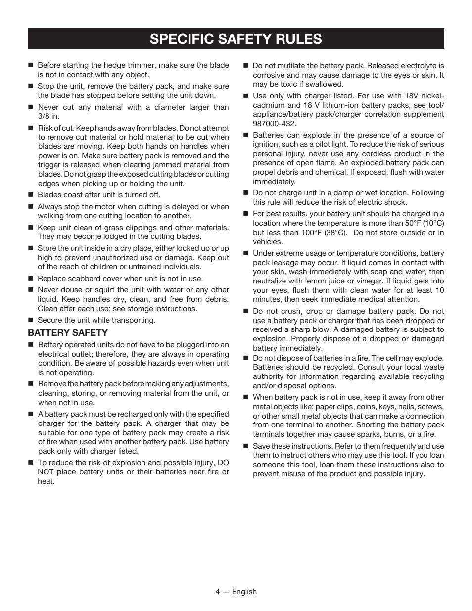 Specific safety rules | Ryobi P2602 User Manual | Page 6 / 34