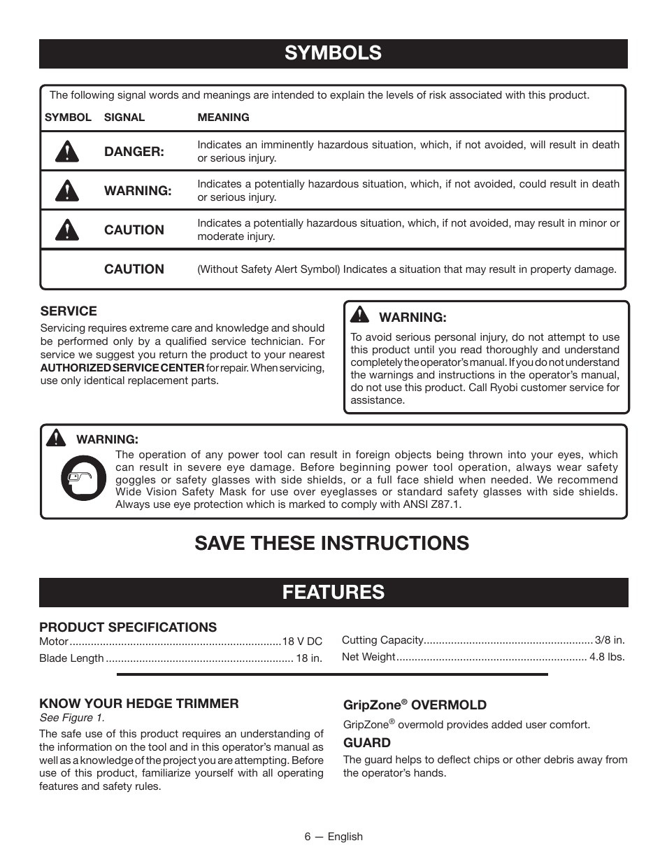 Save these instructions symbols, Features | Ryobi P2602 User Manual | Page 8 / 34