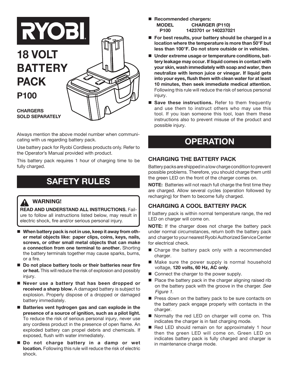 Ryobi P100 User Manual | 2 pages