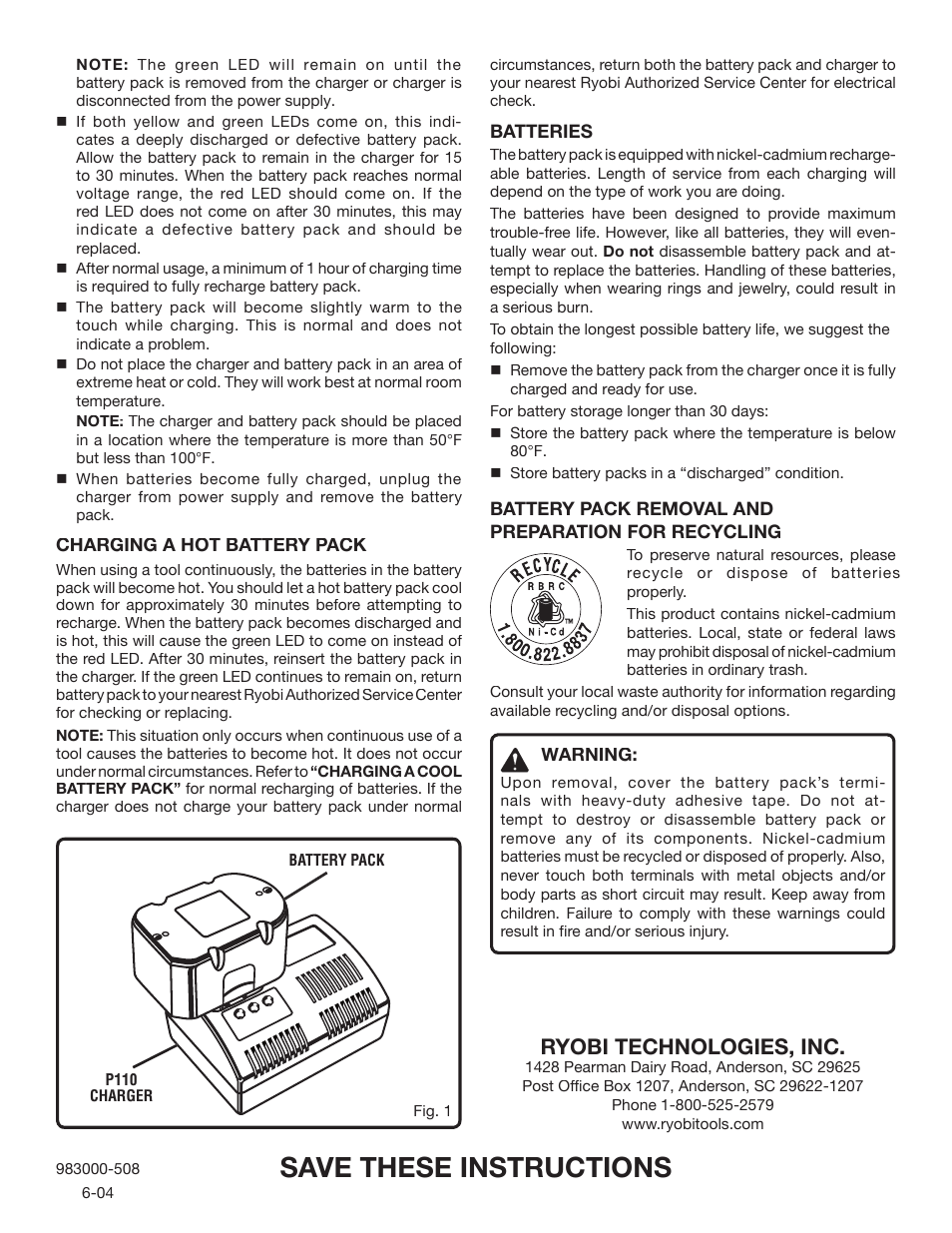 Save these in struc tions, Ryobi technologies, inc | Ryobi P100 User Manual | Page 2 / 2