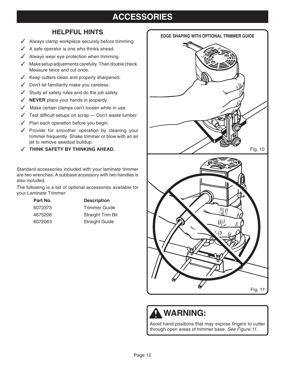 Accessories, Warning, Helpful hints | Ryobi TR31 User Manual | Page 12 / 16