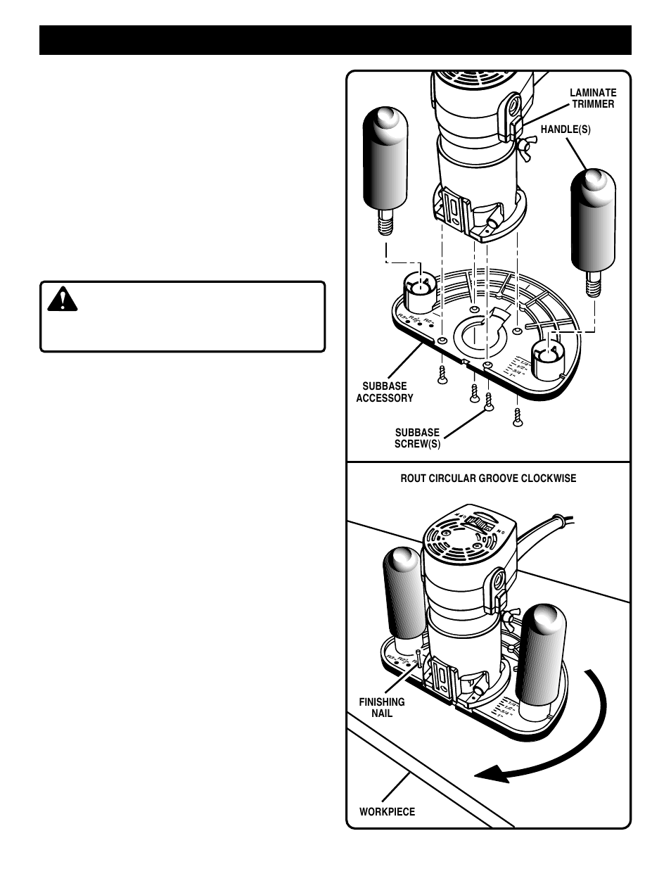 Accessories, Warning, Trimming with subbase accessory | Routing grooves in a circle | Ryobi TR31 User Manual | Page 13 / 16