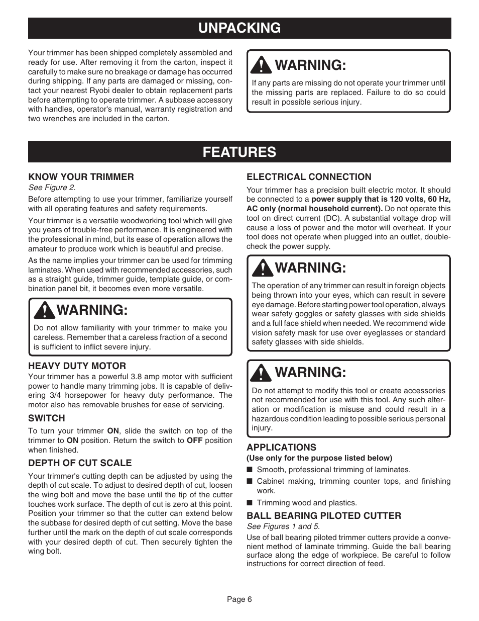 Warning, Unpacking, Features warning | Ryobi TR31 User Manual | Page 6 / 16