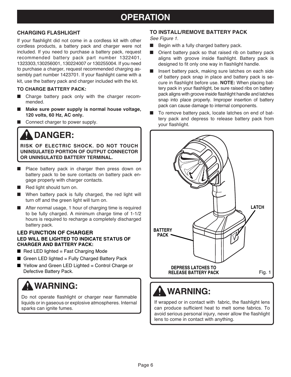 Operation, Danger, Warning | Ryobi FL1800 User Manual | Page 6 / 10