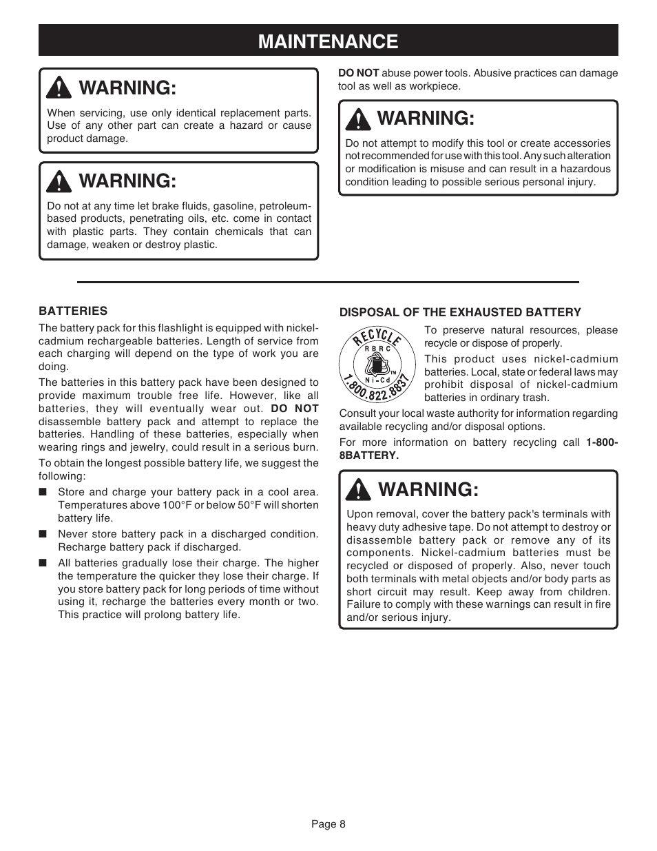 Warning, Maintenance | Ryobi FL1800 User Manual | Page 8 / 10