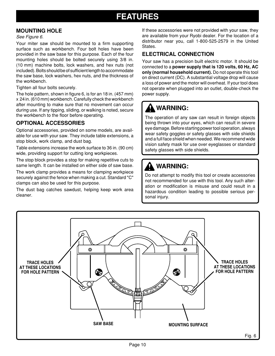 Features, Warning, Mounting hole | Optional accessories, Electrical connection | Ryobi TS1302 User Manual | Page 10 / 22