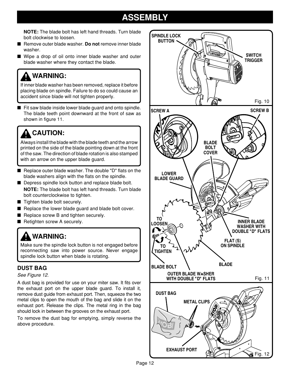 Assembly, Warning, Caution | Ryobi TS1302 User Manual | Page 12 / 22