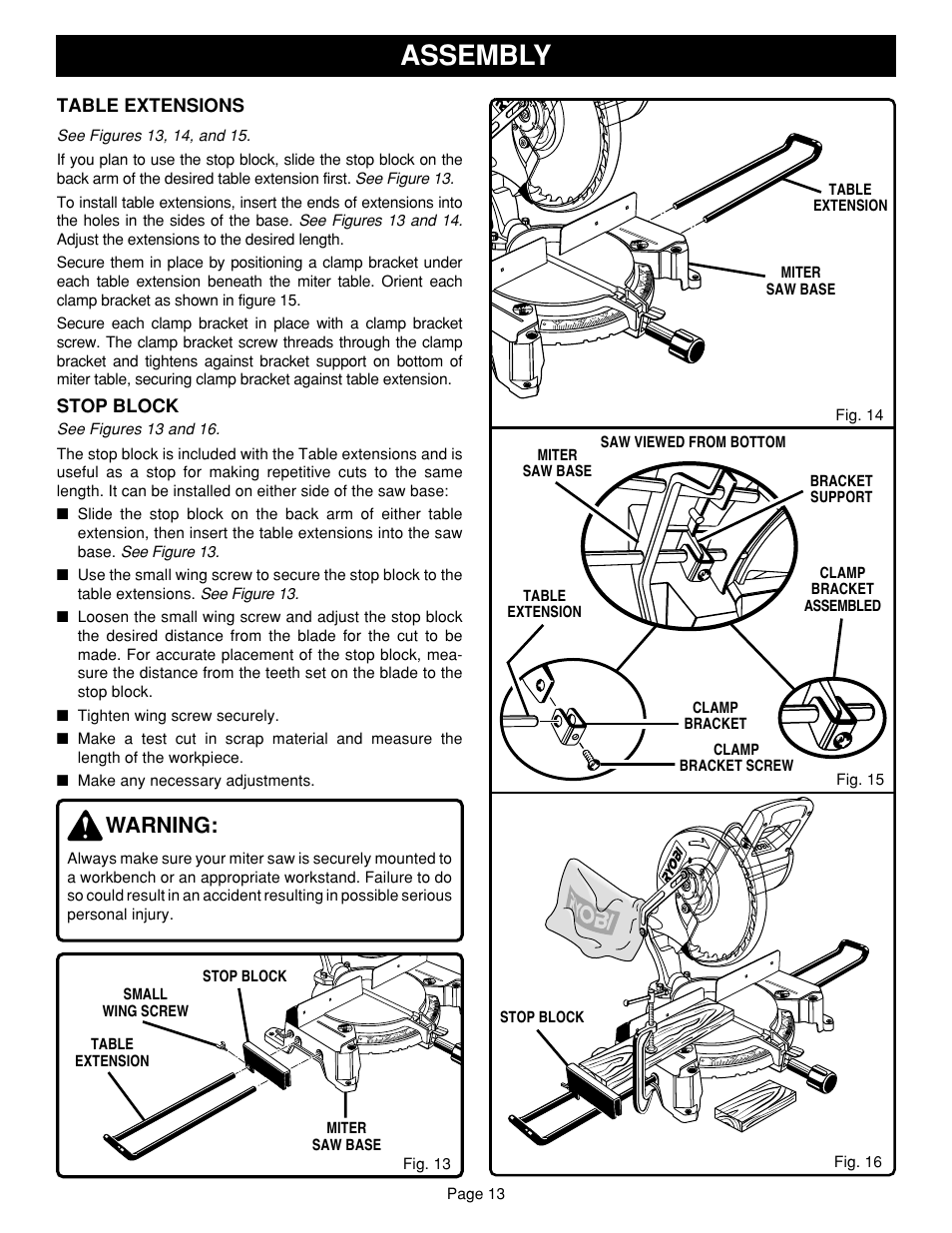Assembly, Warning, Table extensions | Stop block | Ryobi TS1302 User Manual | Page 13 / 22