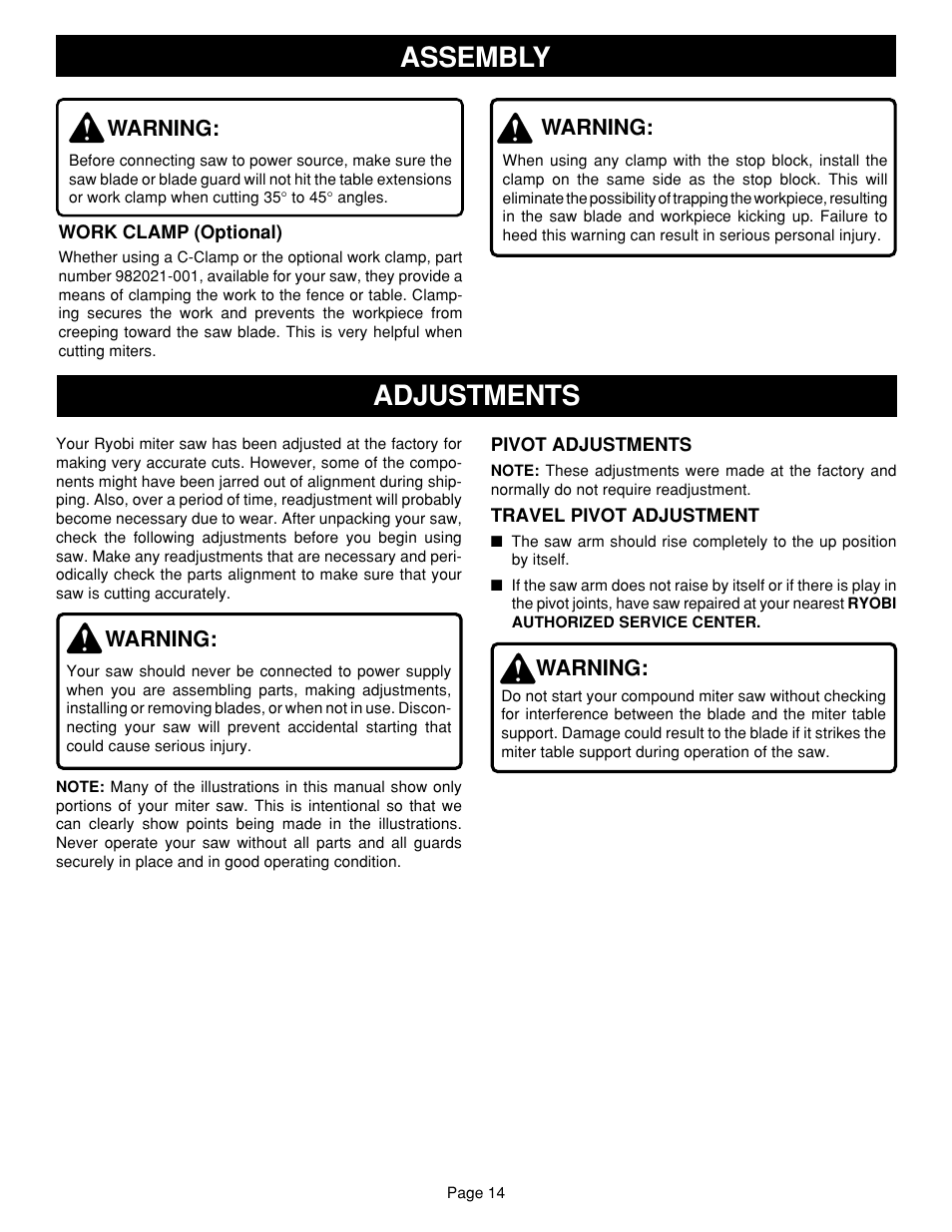 Adjustments assembly | Ryobi TS1302 User Manual | Page 14 / 22