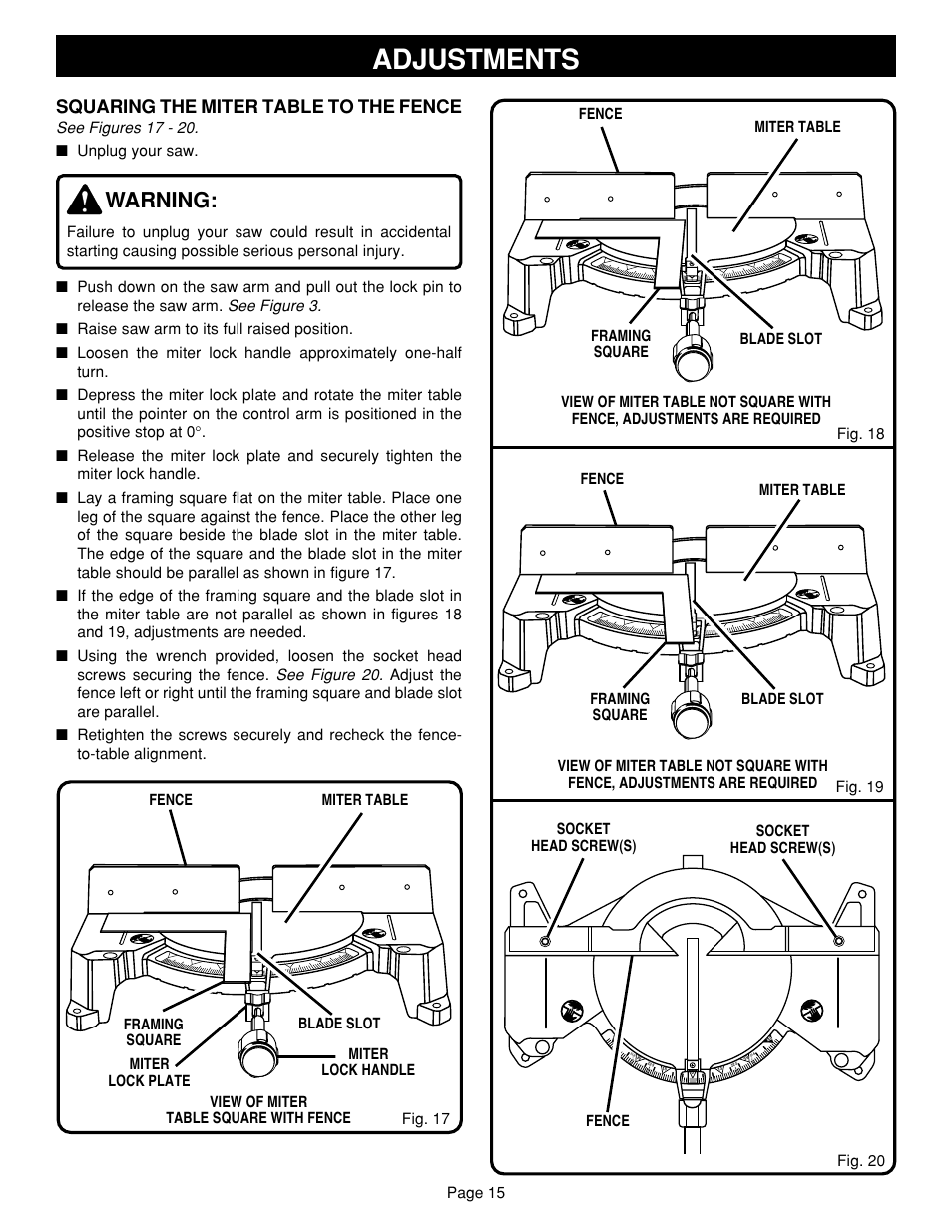 Adjustments, Warning, Squaring the miter table to the fence | Ryobi TS1302 User Manual | Page 15 / 22