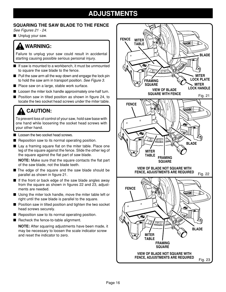 Adjustments, Warning, Caution | Squaring the saw blade to the fence, Page 16, See figures 21 - 24. ■ unplug your saw | Ryobi TS1302 User Manual | Page 16 / 22