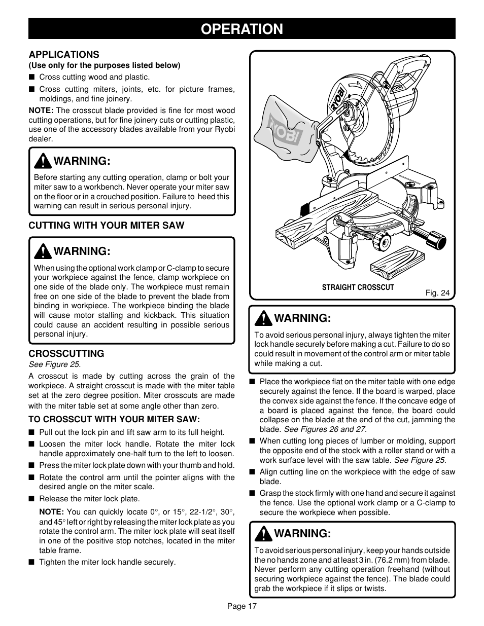 Operation, Warning, Cutting with your miter saw | Crosscutting, Applications | Ryobi TS1302 User Manual | Page 17 / 22