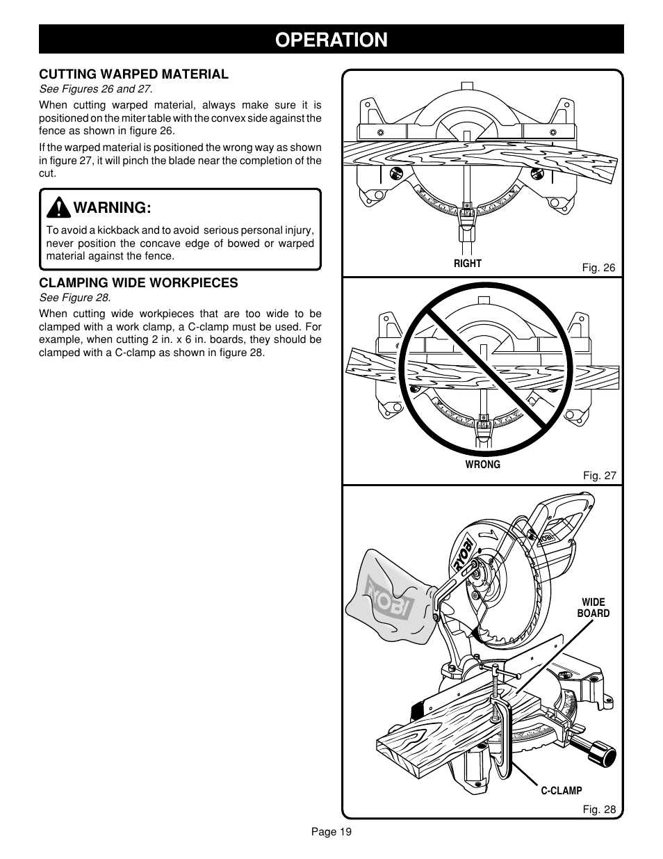 Operation, Warning, Cutting warped material | Clamping wide workpieces, Page 19 | Ryobi TS1302 User Manual | Page 19 / 22