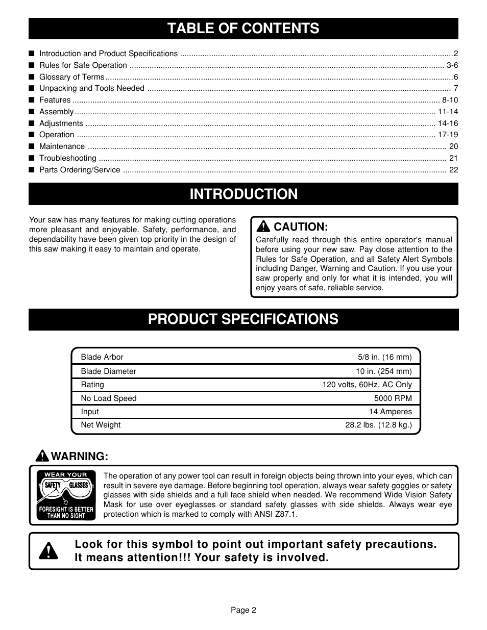 Table of contents product specifications, Introduction, Caution | Warning | Ryobi TS1302 User Manual | Page 2 / 22