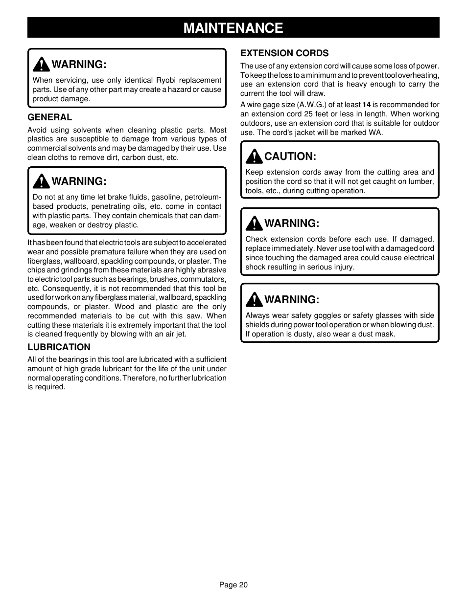 Maintenance | Ryobi TS1302 User Manual | Page 20 / 22