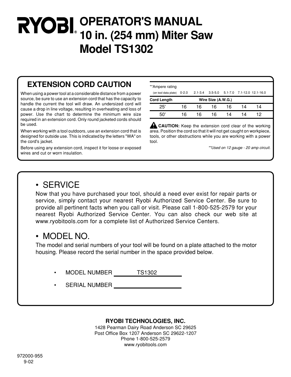 Service, Model no, Extension cord caution | Ryobi TS1302 User Manual | Page 22 / 22