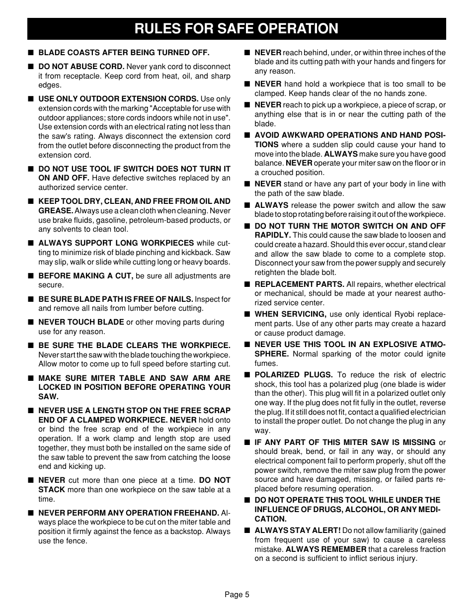 Rules for safe operation | Ryobi TS1302 User Manual | Page 5 / 22