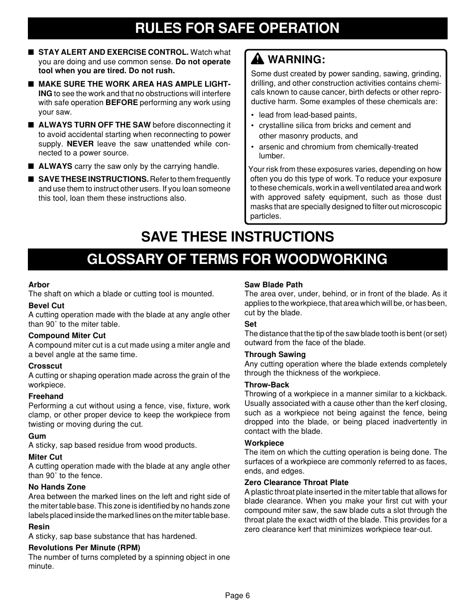 Save these instructions rules for safe operation, Glossary of terms for woodworking, Warning | Ryobi TS1302 User Manual | Page 6 / 22