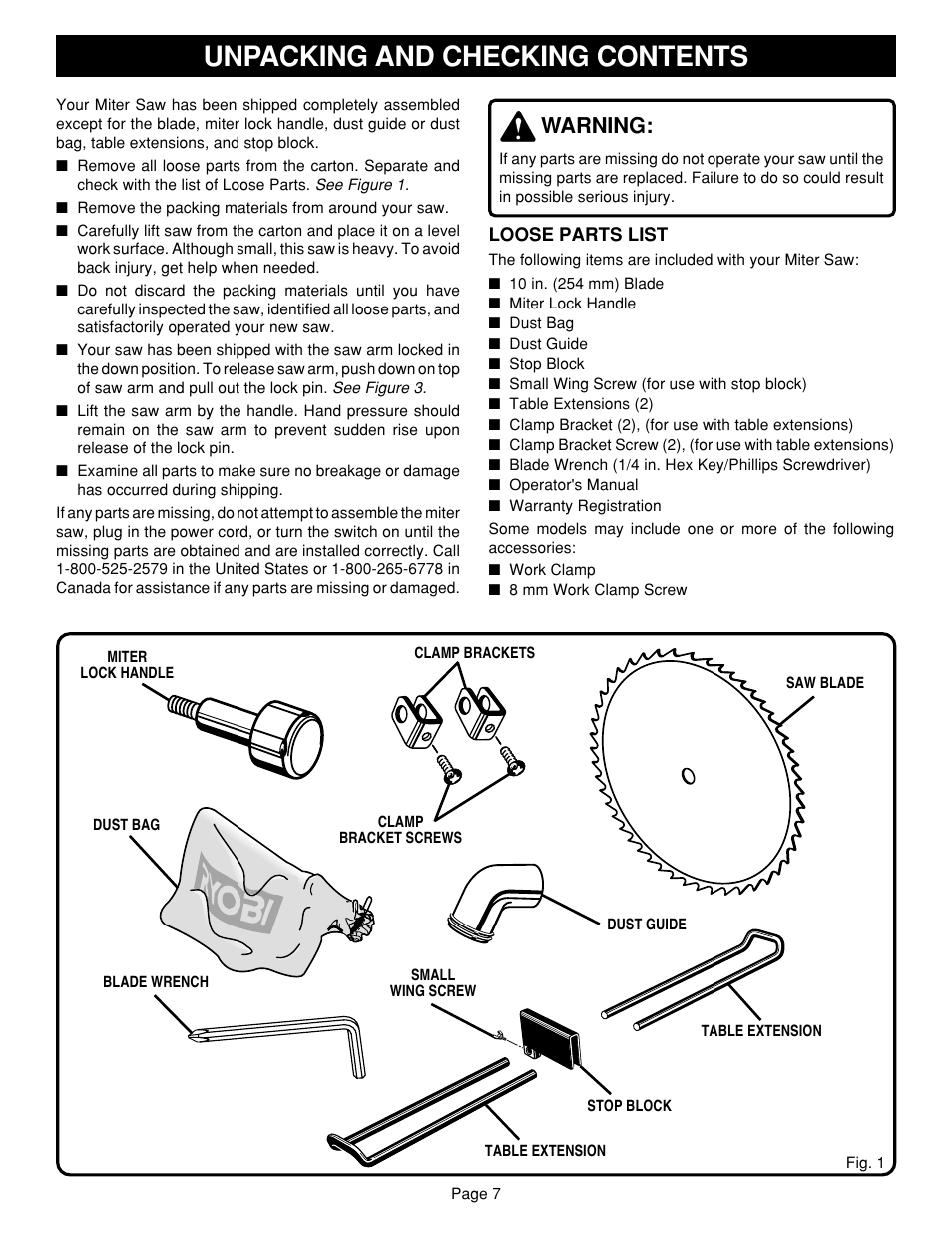 Unpacking and checking contents, Warning | Ryobi TS1302 User Manual | Page 7 / 22