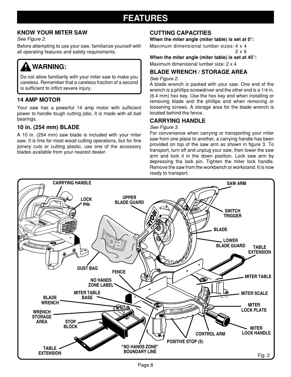 Features, Warning, Know your miter saw | 14 amp motor, Cutting capacities, Blade wrench / storage area, Carrying handle | Ryobi TS1302 User Manual | Page 8 / 22