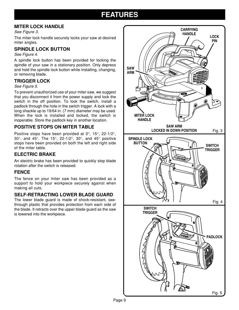 Features | Ryobi TS1302 User Manual | Page 9 / 22