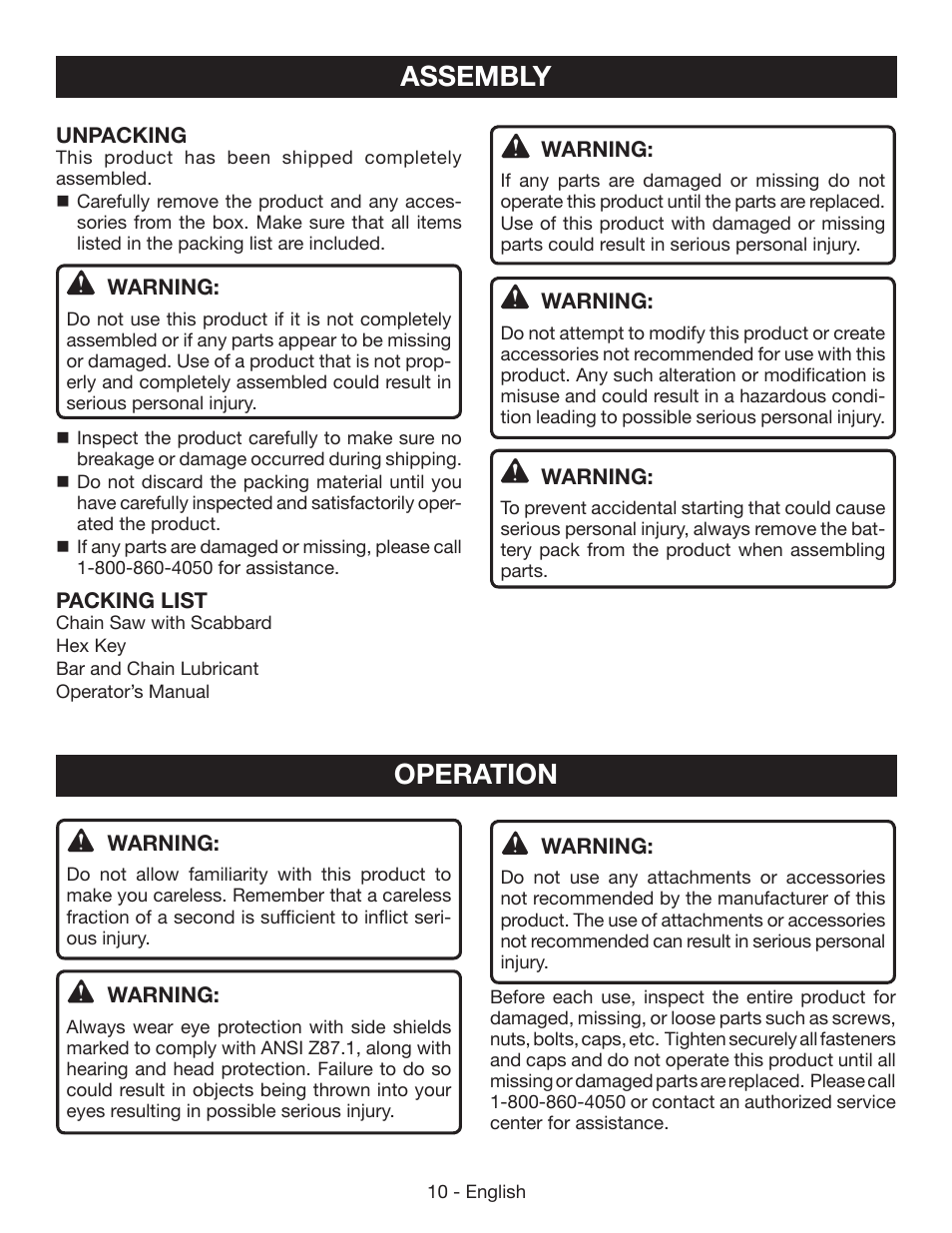 Assembly, Operation | Ryobi P545 User Manual | Page 10 / 76