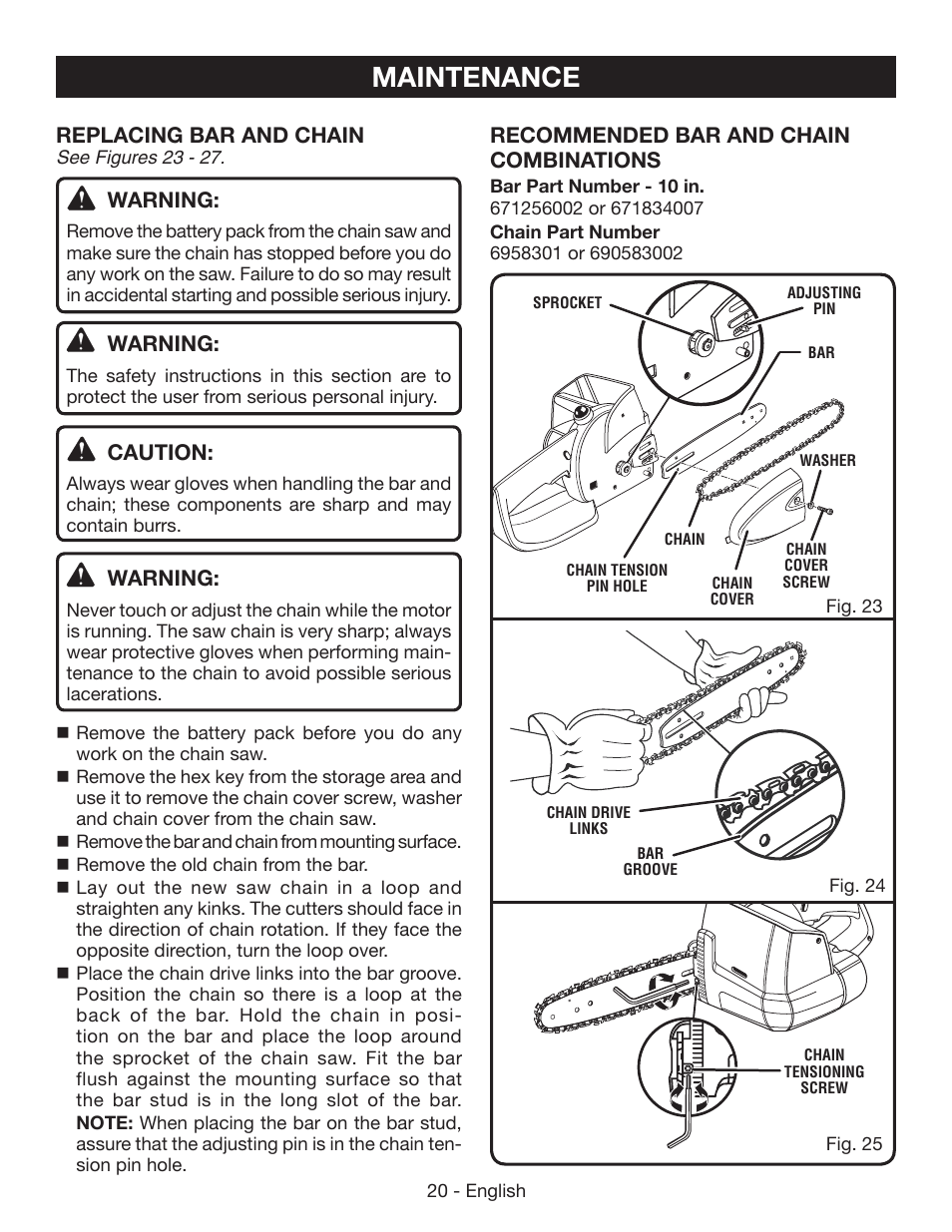 Maintenance | Ryobi P545 User Manual | Page 20 / 76