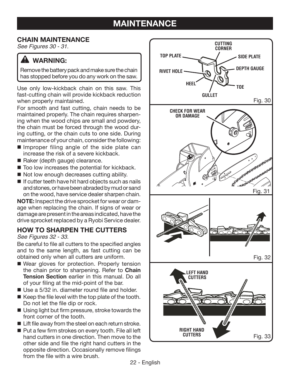 Maintenance | Ryobi P545 User Manual | Page 22 / 76