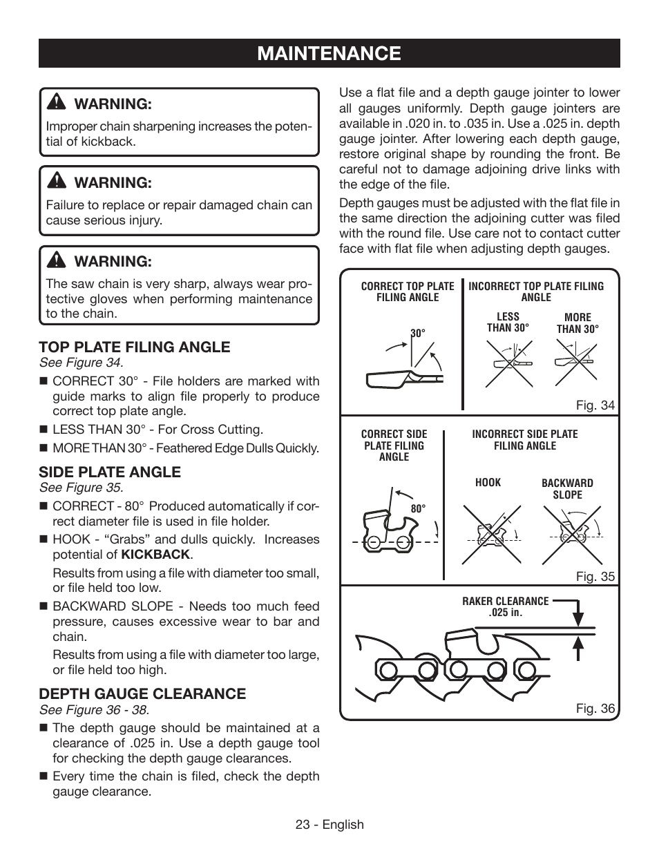 Maintenance, Warning, Top plate filing angle | Side plate angle, Depth gauge clearance | Ryobi P545 User Manual | Page 23 / 76