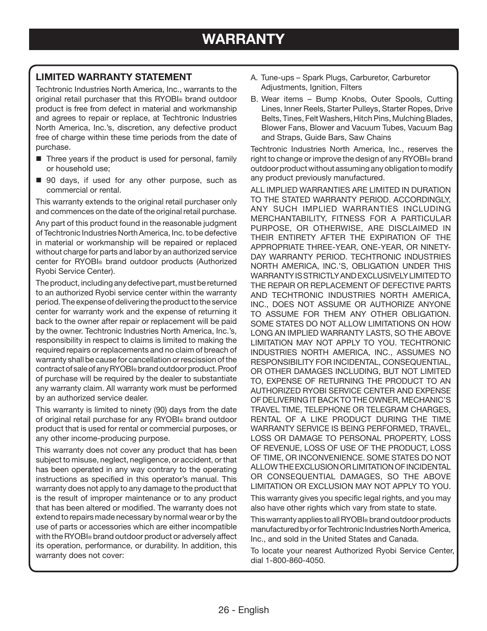 Warranty, 26 - english limited warranty statement | Ryobi P545 User Manual | Page 26 / 76