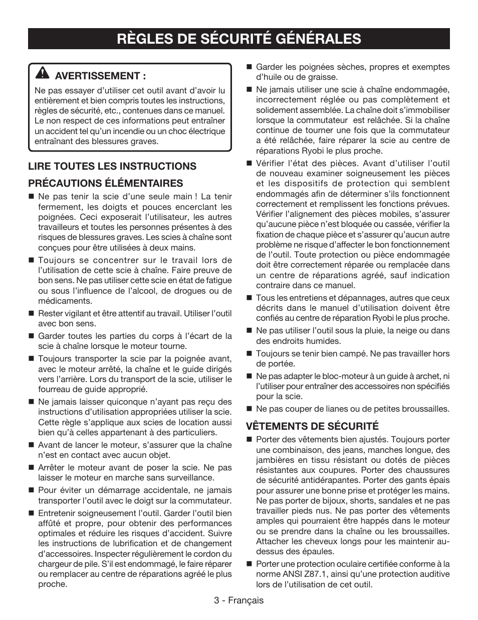 Règles de sécurité générales | Ryobi P545 User Manual | Page 27 / 76