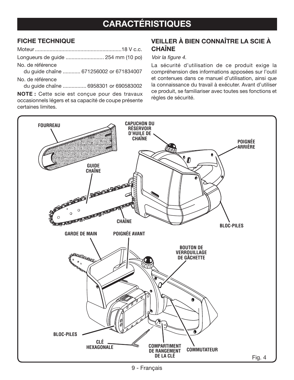 Caractéristiques, Fiche technique, Veiller à bien connaître la scie à chaîne | Ryobi P545 User Manual | Page 33 / 76