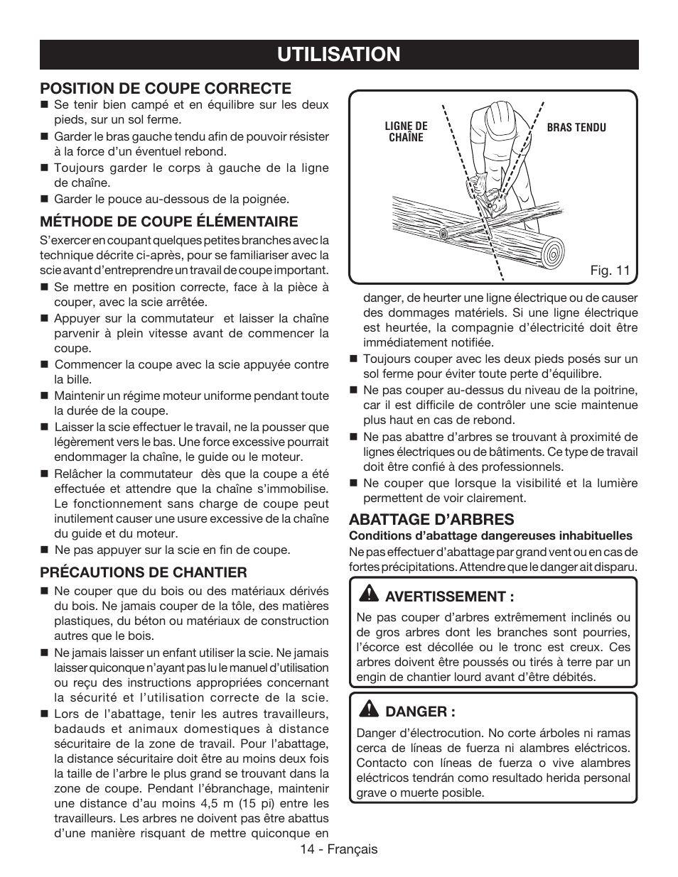 Utilisation, Position de coupe correcte, Abattage d’arbres | Ryobi P545 User Manual | Page 38 / 76