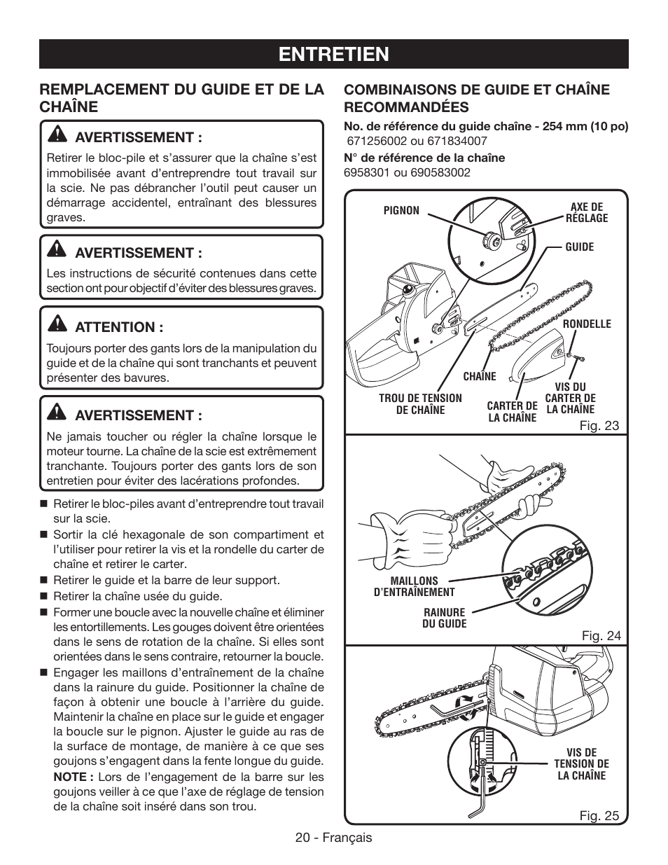 Entretien, Remplacement du guide et de la chaîne | Ryobi P545 User Manual | Page 44 / 76