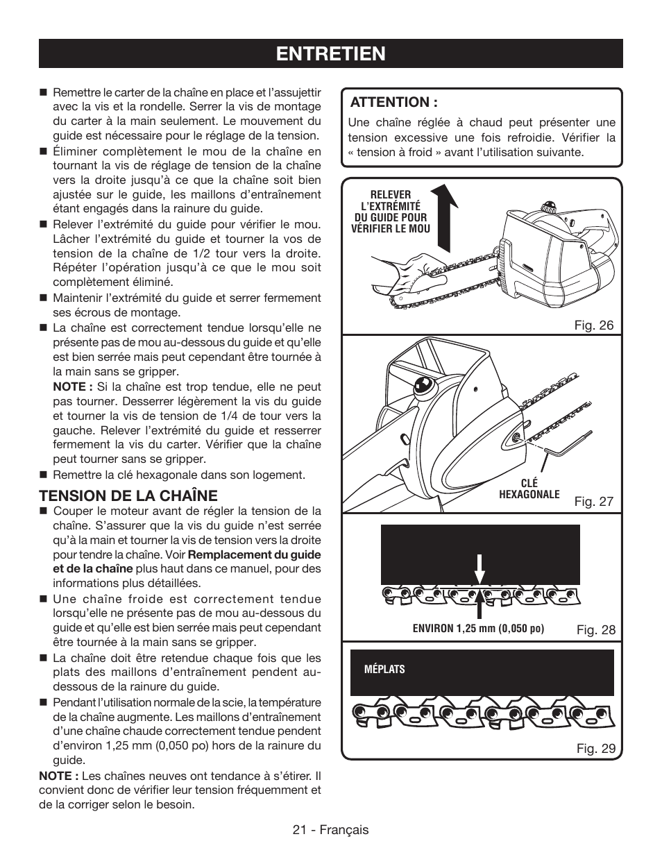 Entretien, Tension de la chaîne | Ryobi P545 User Manual | Page 45 / 76