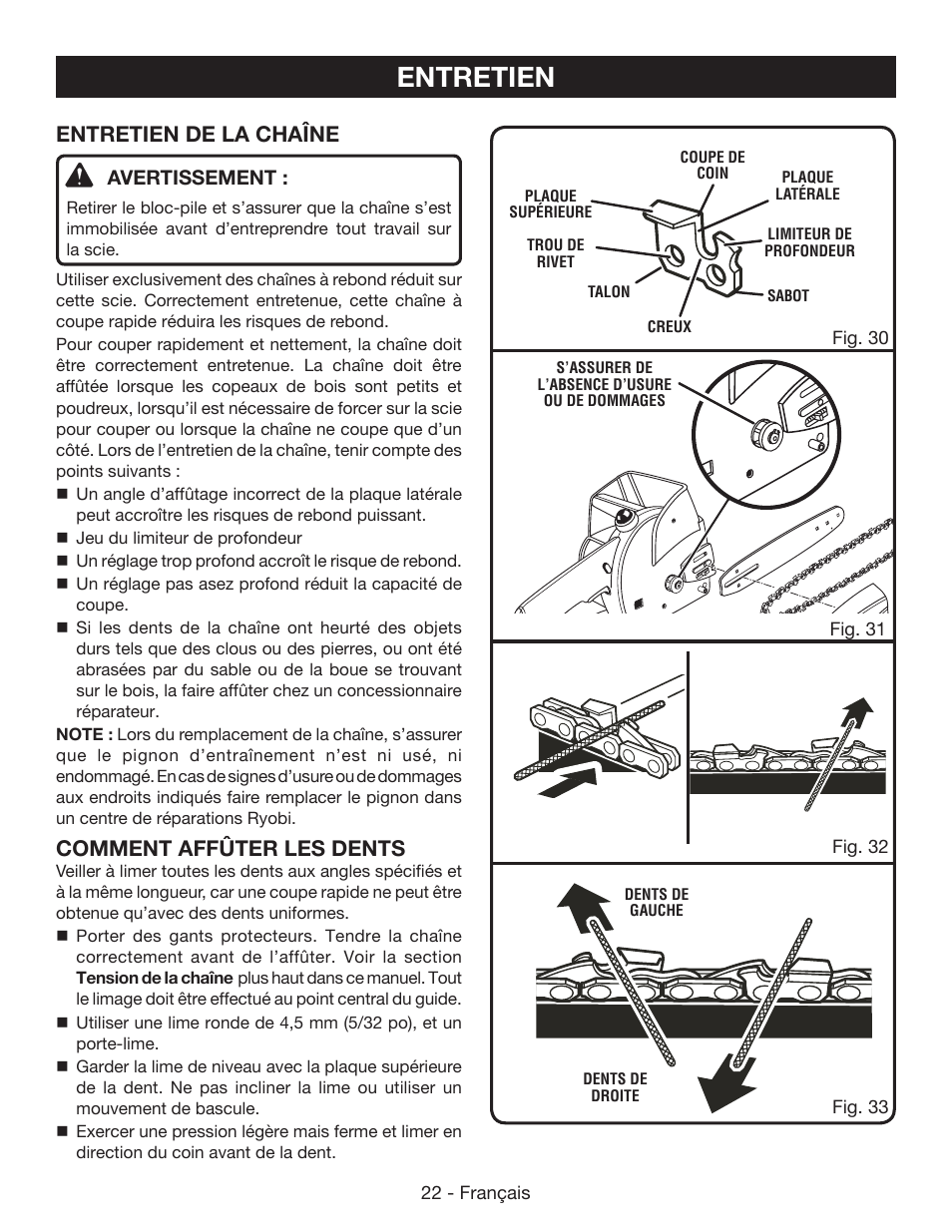 Entretien, Entretien de la chaîne, Comment affûter les dents | Ryobi P545 User Manual | Page 46 / 76