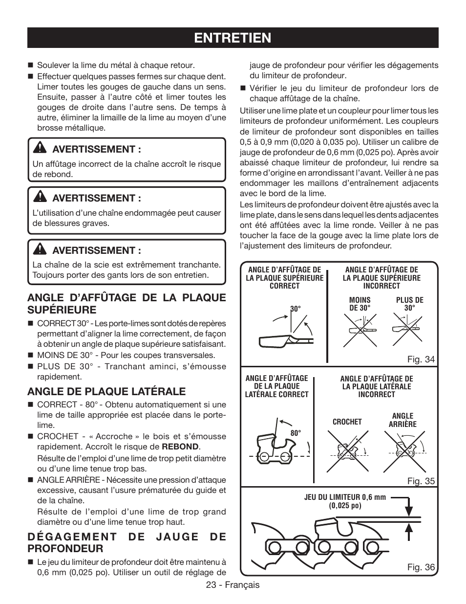 Entretien, Angle d’affûtage de la plaque supérieure, Angle de plaque latérale | Ryobi P545 User Manual | Page 47 / 76