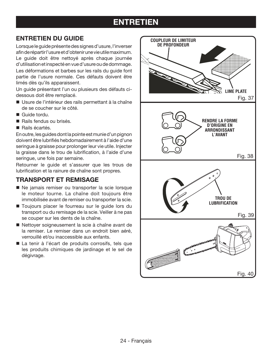 Entretien, Entretien du guide, Transport et remisage | Ryobi P545 User Manual | Page 48 / 76