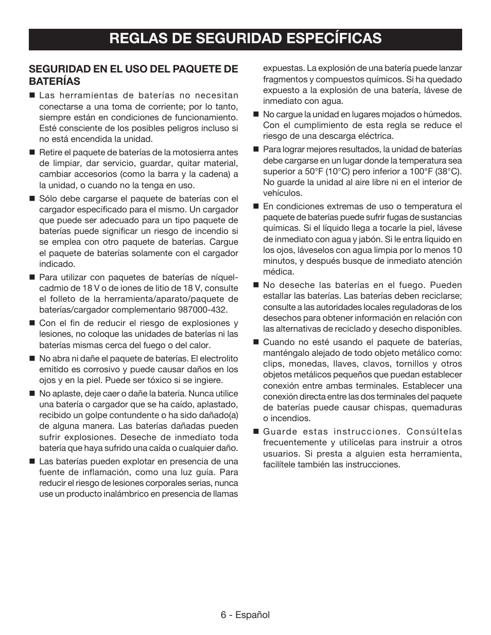 Reglas de seguridad específicas | Ryobi P545 User Manual | Page 54 / 76