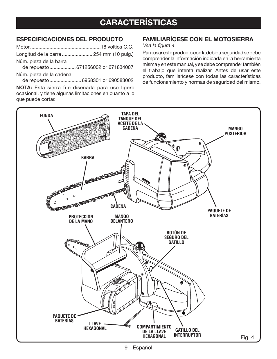 Características, Especificaciones del producto, Familiarícese con el motosierra | Ryobi P545 User Manual | Page 57 / 76