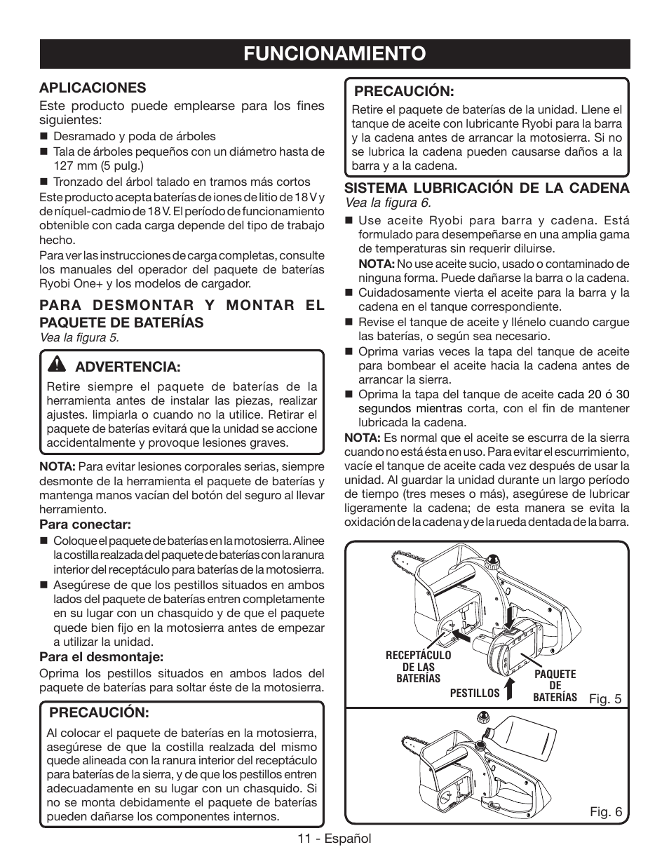 Funcionamiento | Ryobi P545 User Manual | Page 59 / 76