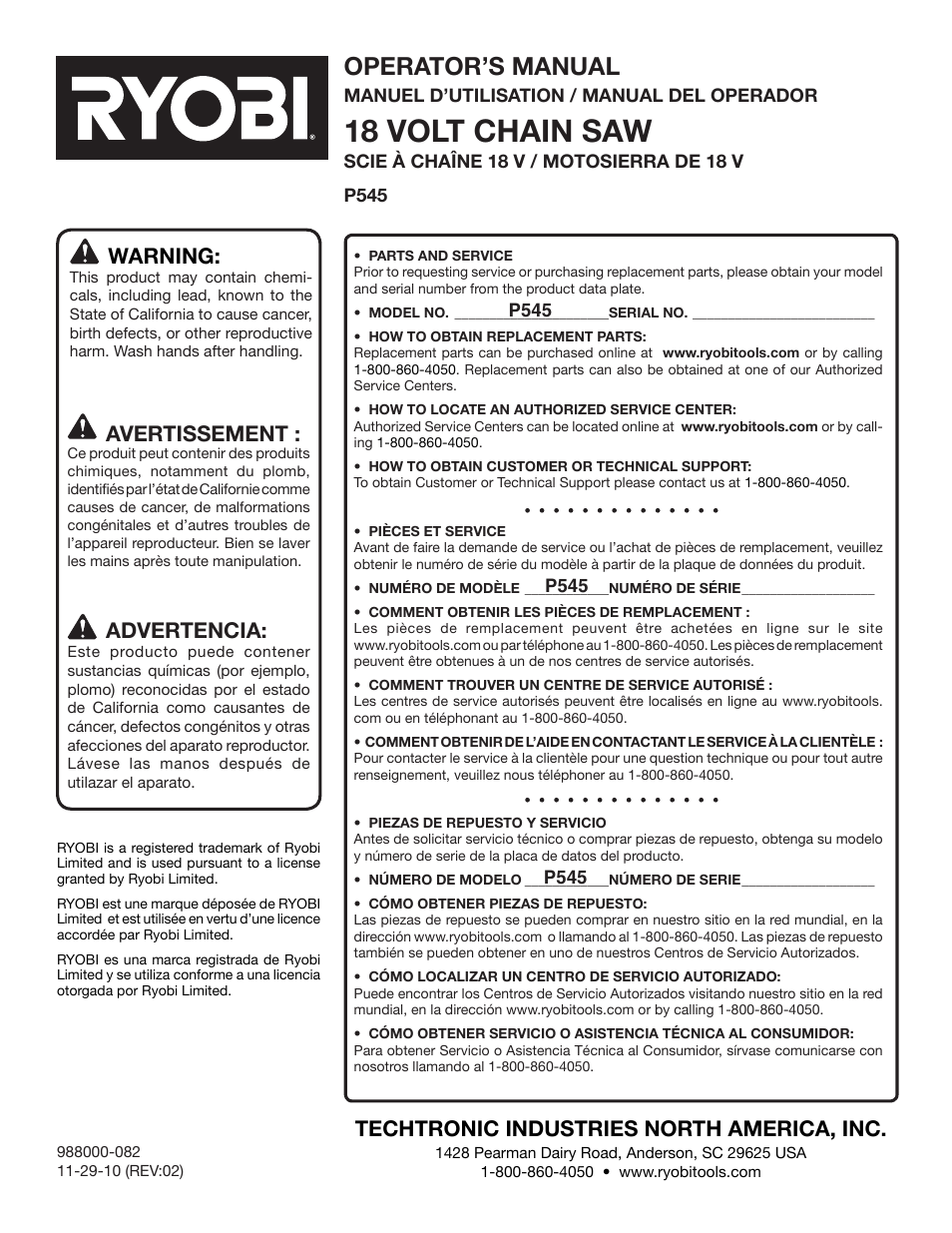 18 volt chain saw, Operator’s manual, Techtronic industries north america, inc | Warning, Avertissement, Advertencia | Ryobi P545 User Manual | Page 76 / 76