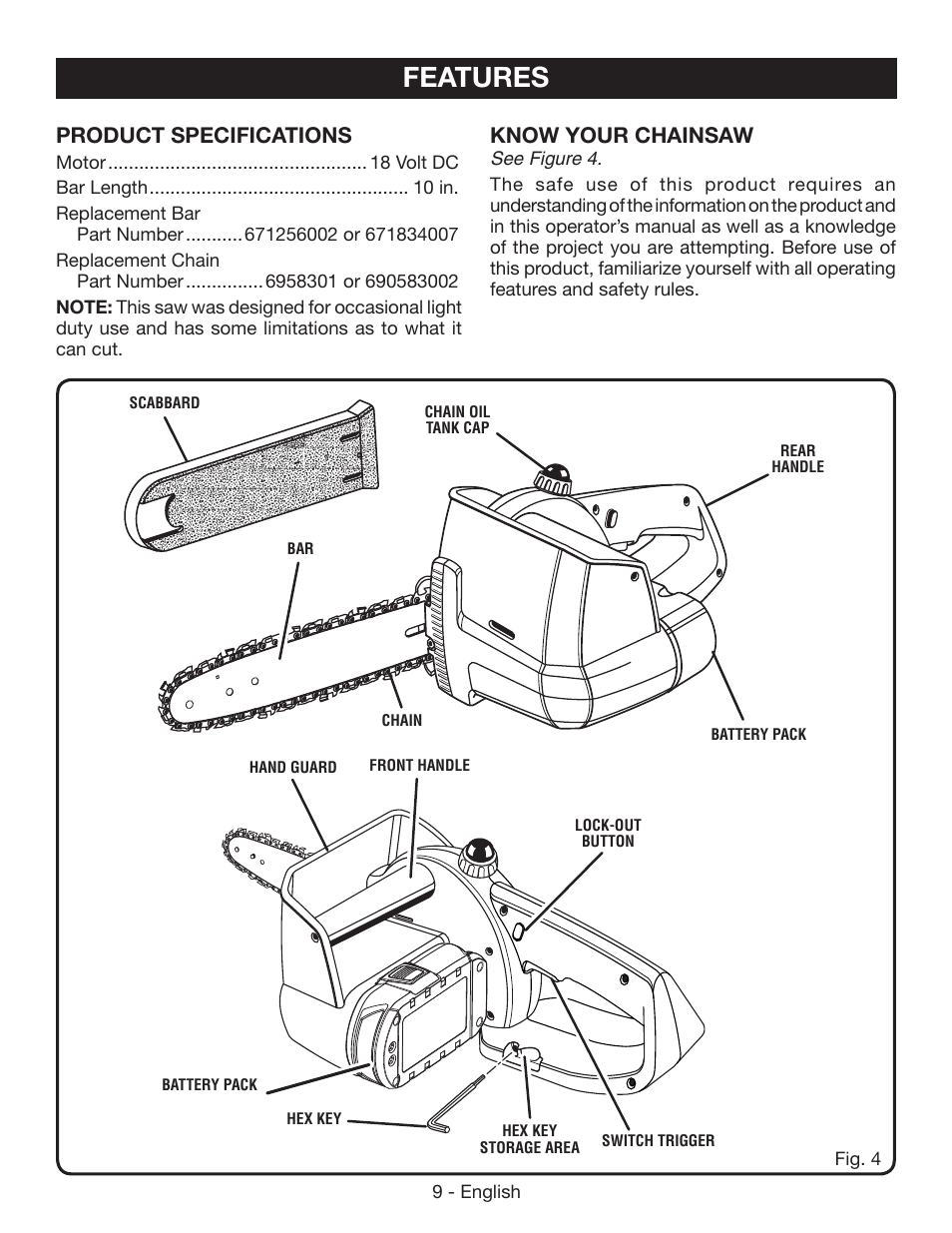 Features, Product specifications, Know your chainsaw | Ryobi P545 User Manual | Page 9 / 76