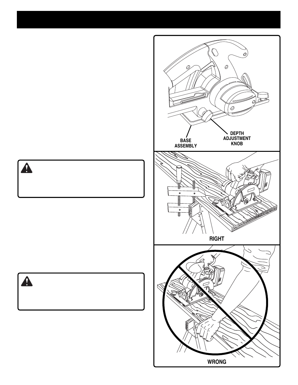 Operation, Warning, Right wrong | Depth of cut adjustment, Starting a cut | Ryobi RY6200 User Manual | Page 12 / 20