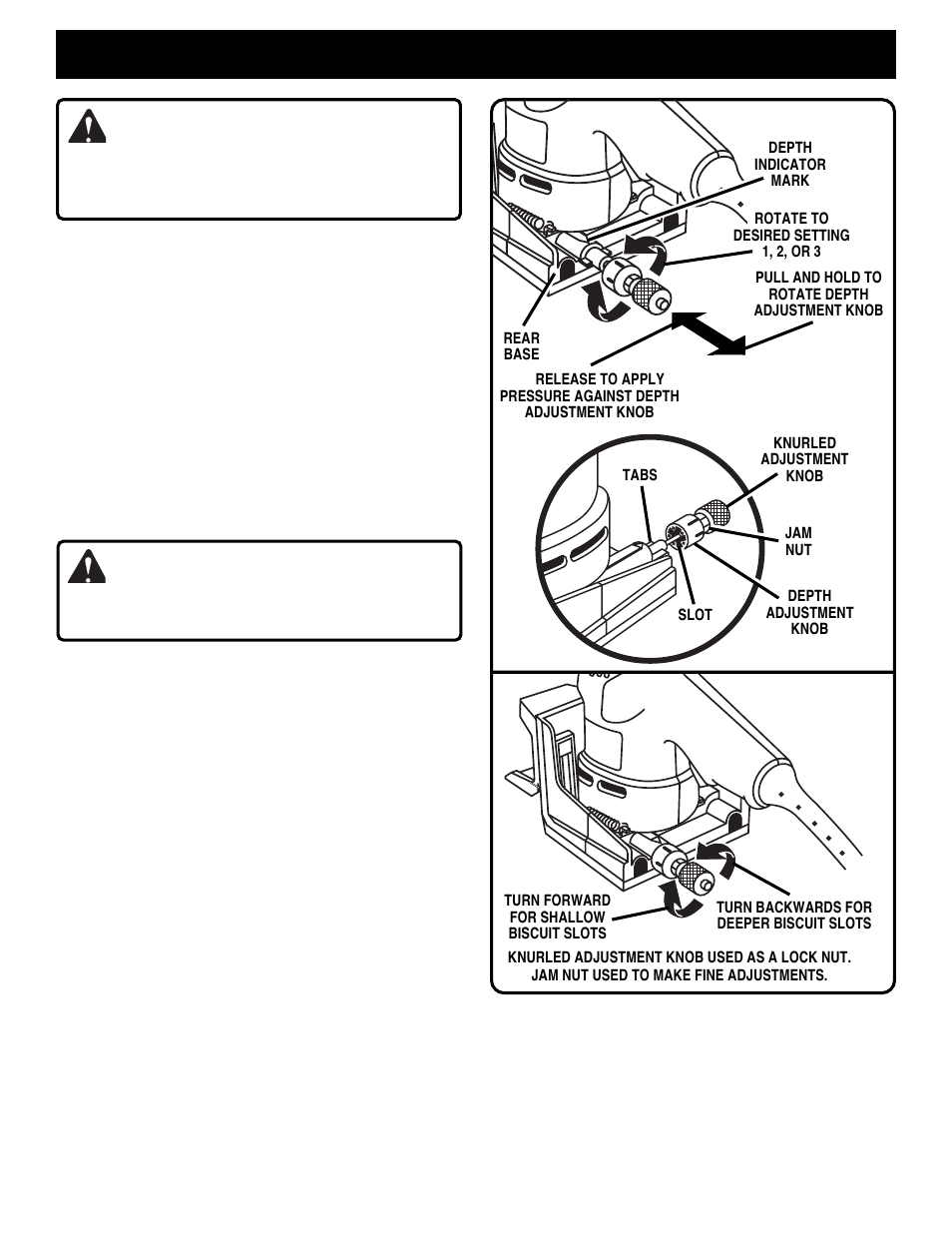 Adjustments warning, Warning | Ryobi DBJ50 User Manual | Page 9 / 22