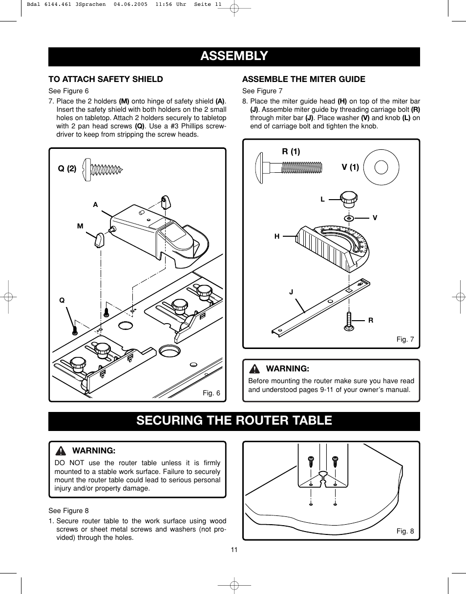 Assembly, Securing the router table | Ryobi RT401W User Manual | Page 11 / 24