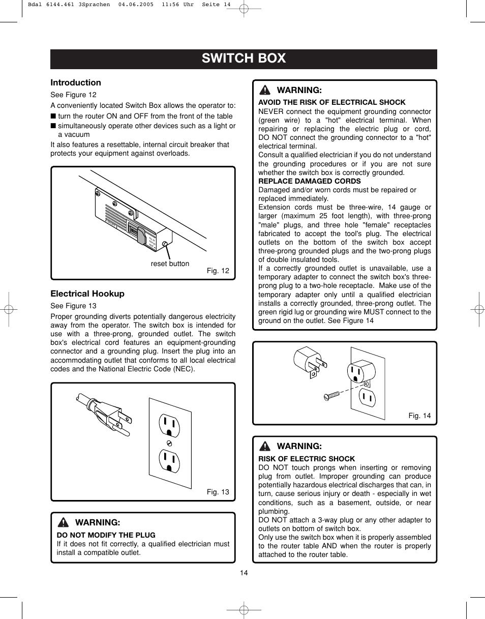 Switch box, Introduction, Electrical hookup | Warning | Ryobi RT401W User Manual | Page 14 / 24