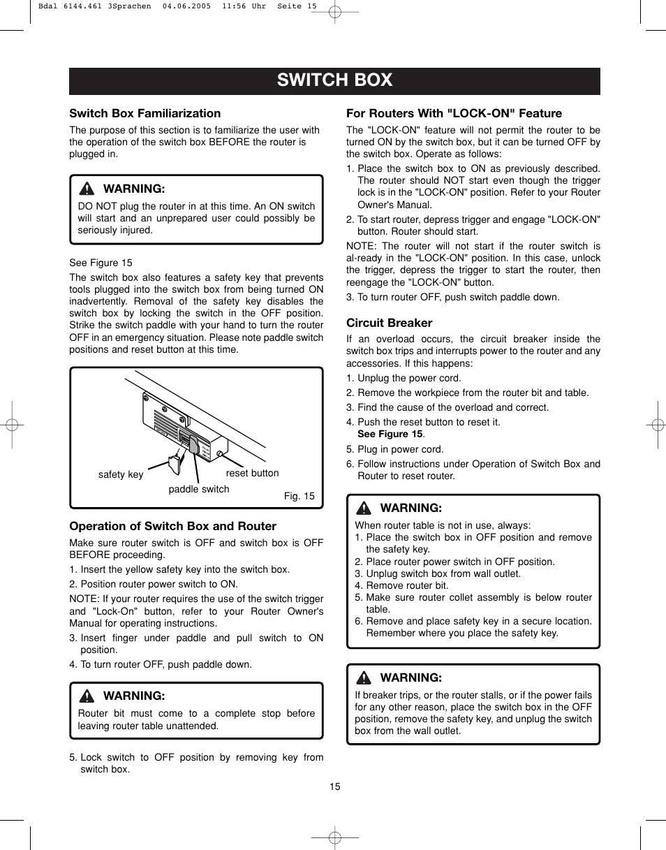 Switch box | Ryobi RT401W User Manual | Page 15 / 24