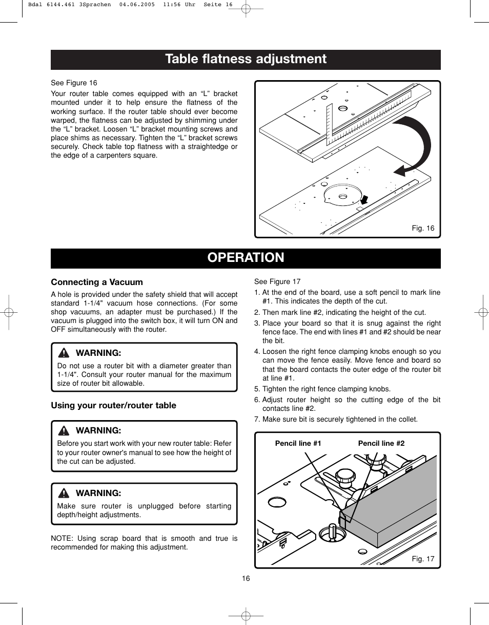 Table flatness adjustment, Operation | Ryobi RT401W User Manual | Page 16 / 24