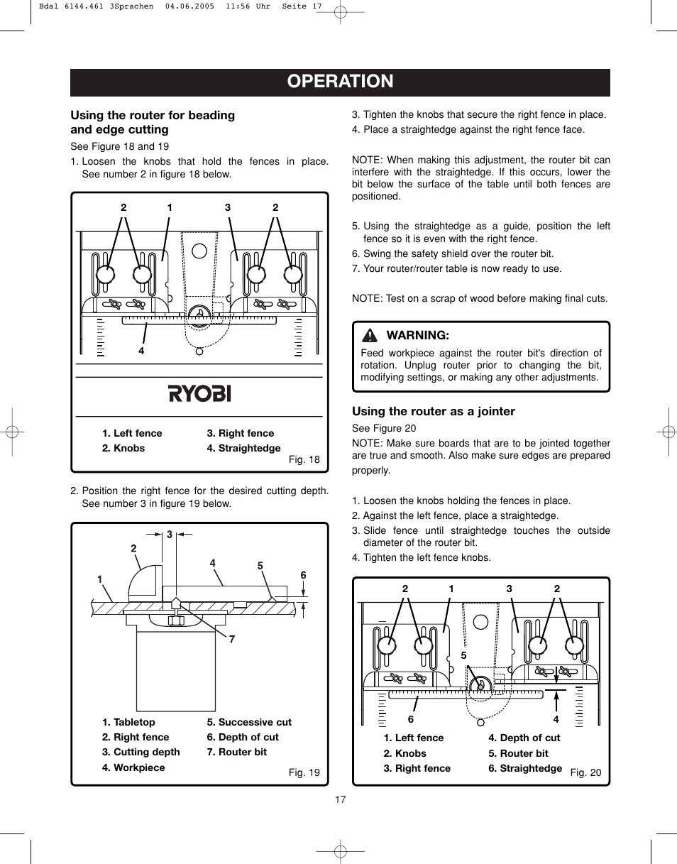 Operation | Ryobi RT401W User Manual | Page 17 / 24